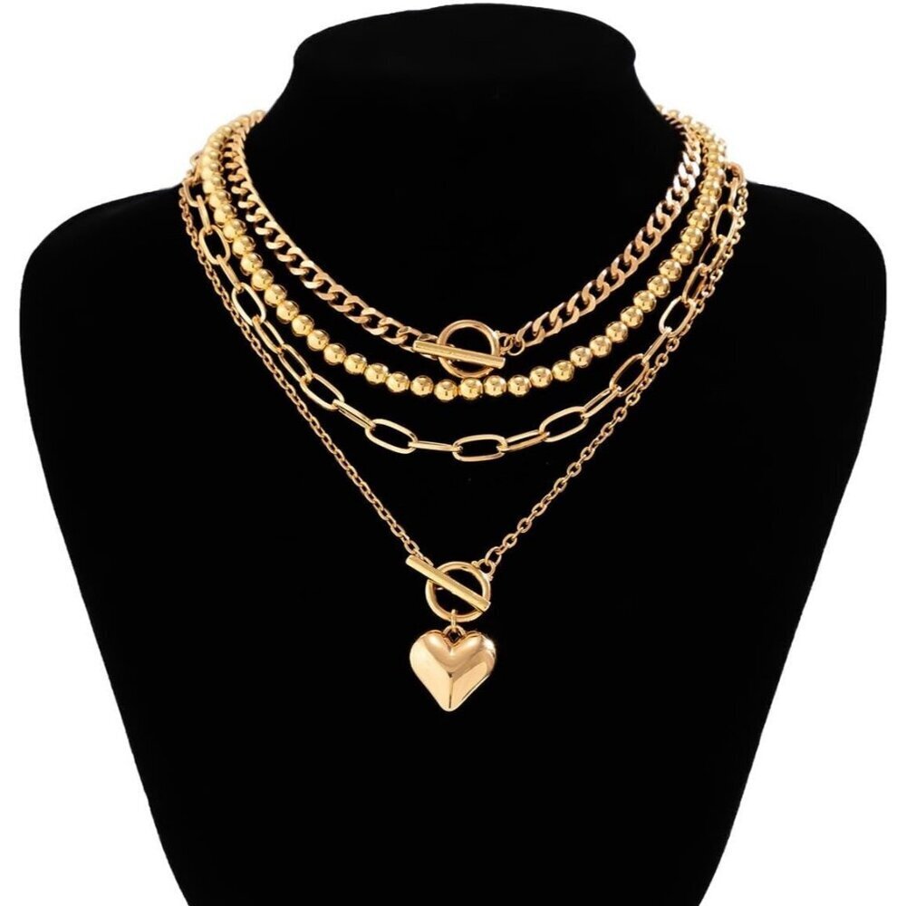Women's Non Tarnish Chunky Necklace Stack Paperclip Chain Retro Coin Heart - Picture 7 of 9